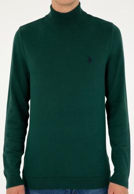 Erkek Slim Fit Yarım Boğazlı Koyu Yeşil Basic Kazak - 50293499109