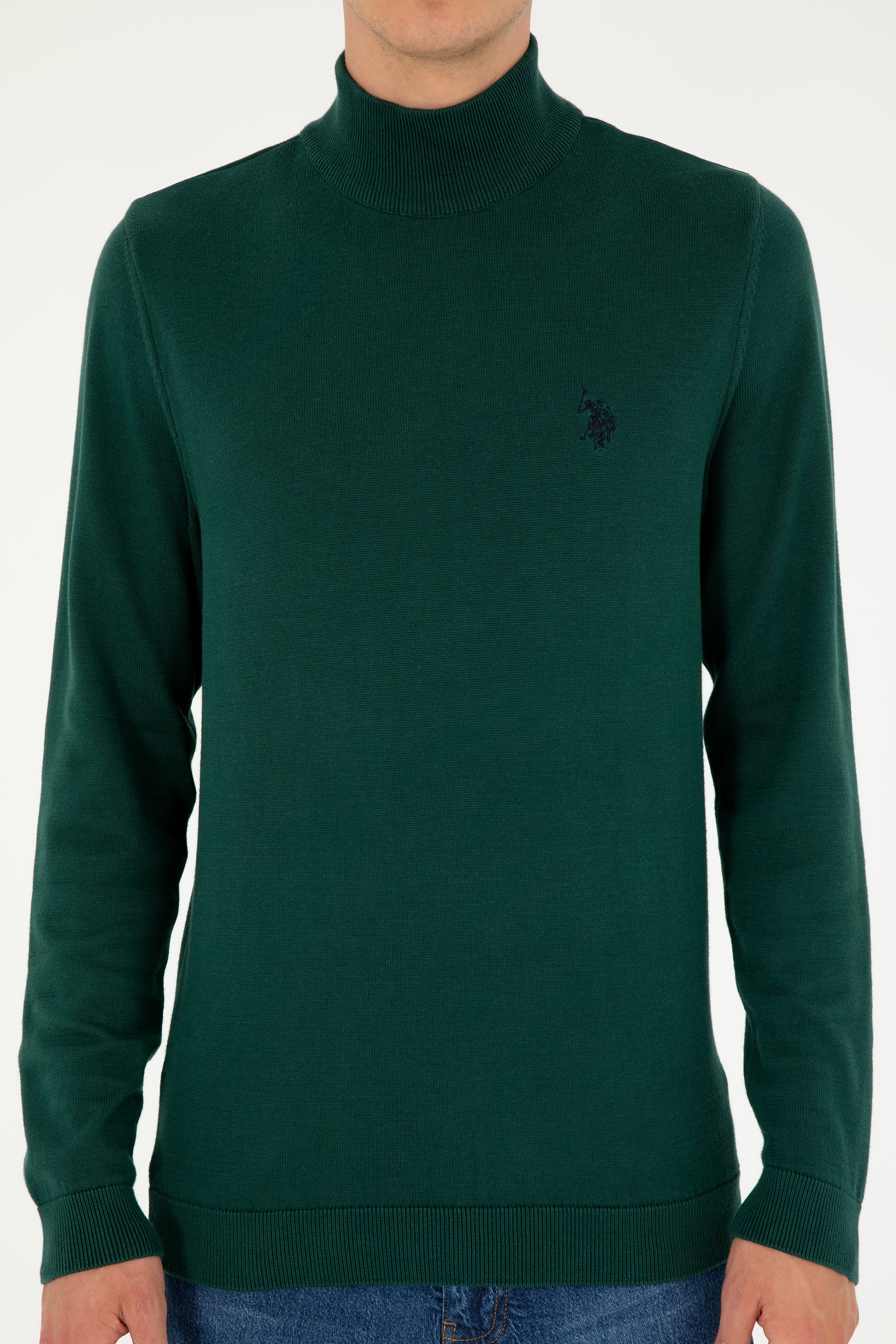 Erkek Slim Fit Yarım Boğazlı Koyu Yeşil Basic Kazak