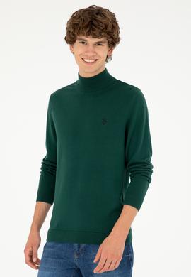 Erkek Slim Fit Yarım Boğazlı Koyu Yeşil Basic Kazak - 50293499109