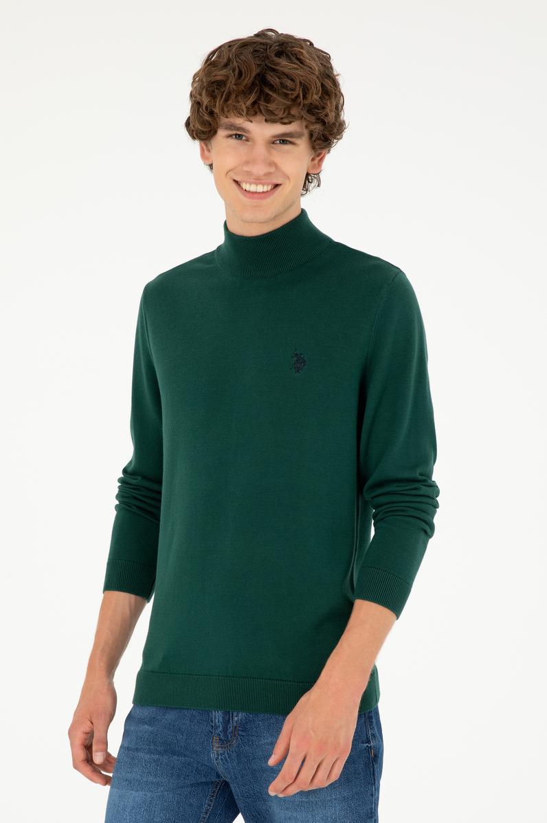 Erkek Slim Fit Yarım Boğazlı Koyu Yeşil Basic Kazak