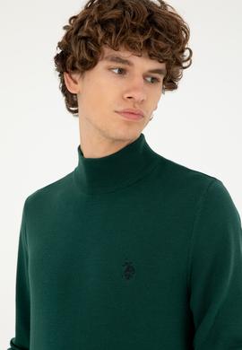 Erkek Slim Fit Yarım Boğazlı Koyu Yeşil Basic Kazak - 50293499109