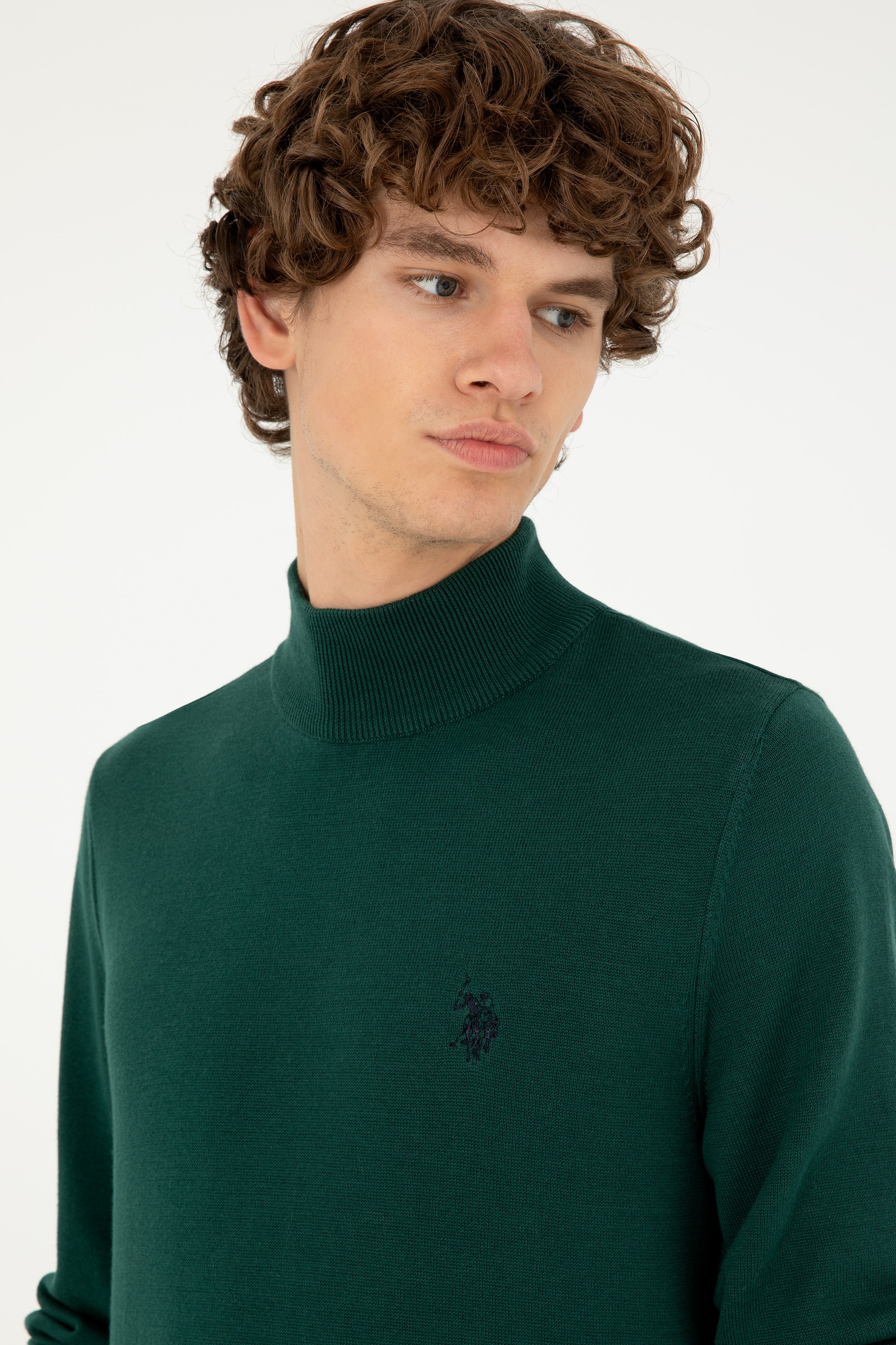 Erkek Slim Fit Yarım Boğazlı Koyu Yeşil Basic Kazak