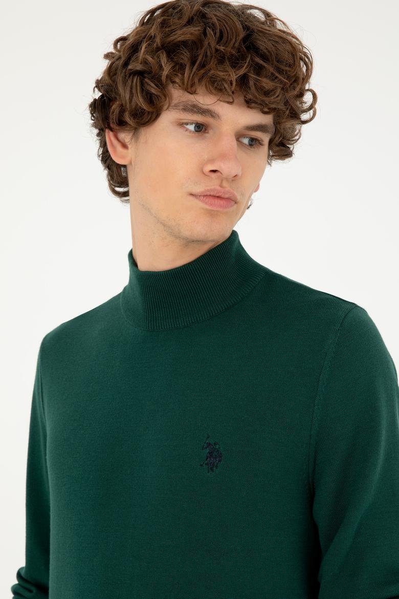 Erkek Slim Fit Yarım Boğazlı Koyu Yeşil Basic Kazak - 50293499109