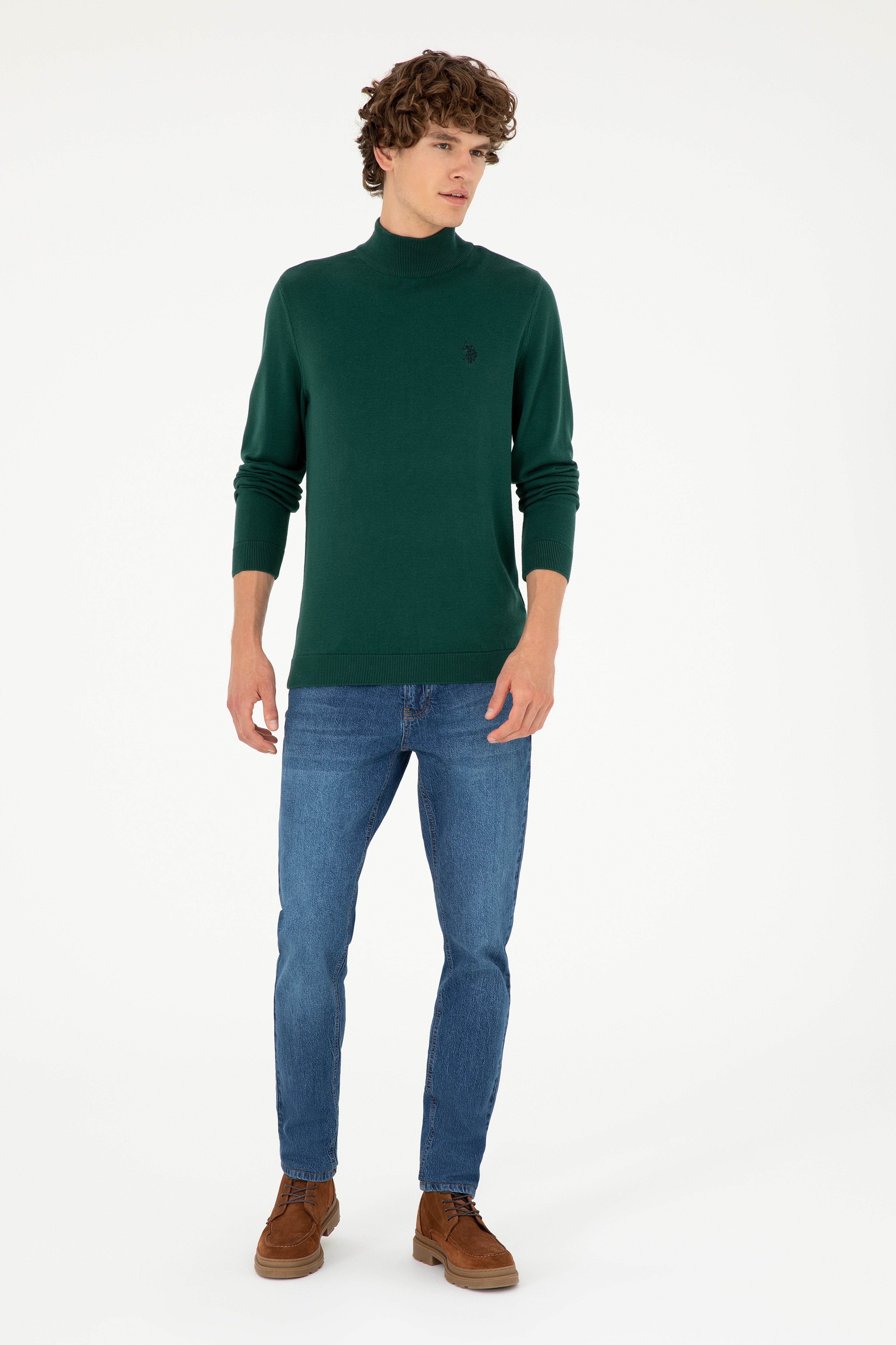 Erkek Slim Fit Yarım Boğazlı Koyu Yeşil Basic Kazak