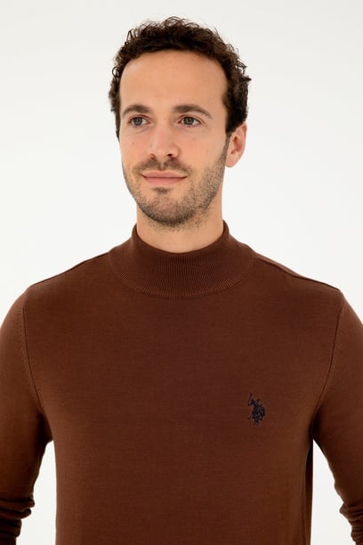 Erkek Slim Fit Yarım Boğazlı Kahverengi Basic Kazak
