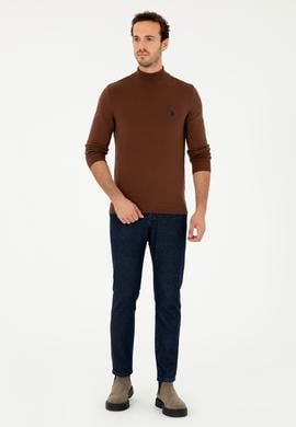 Erkek Slim Fit Yarım Boğazlı Kahverengi Basic Kazak - 50293499098