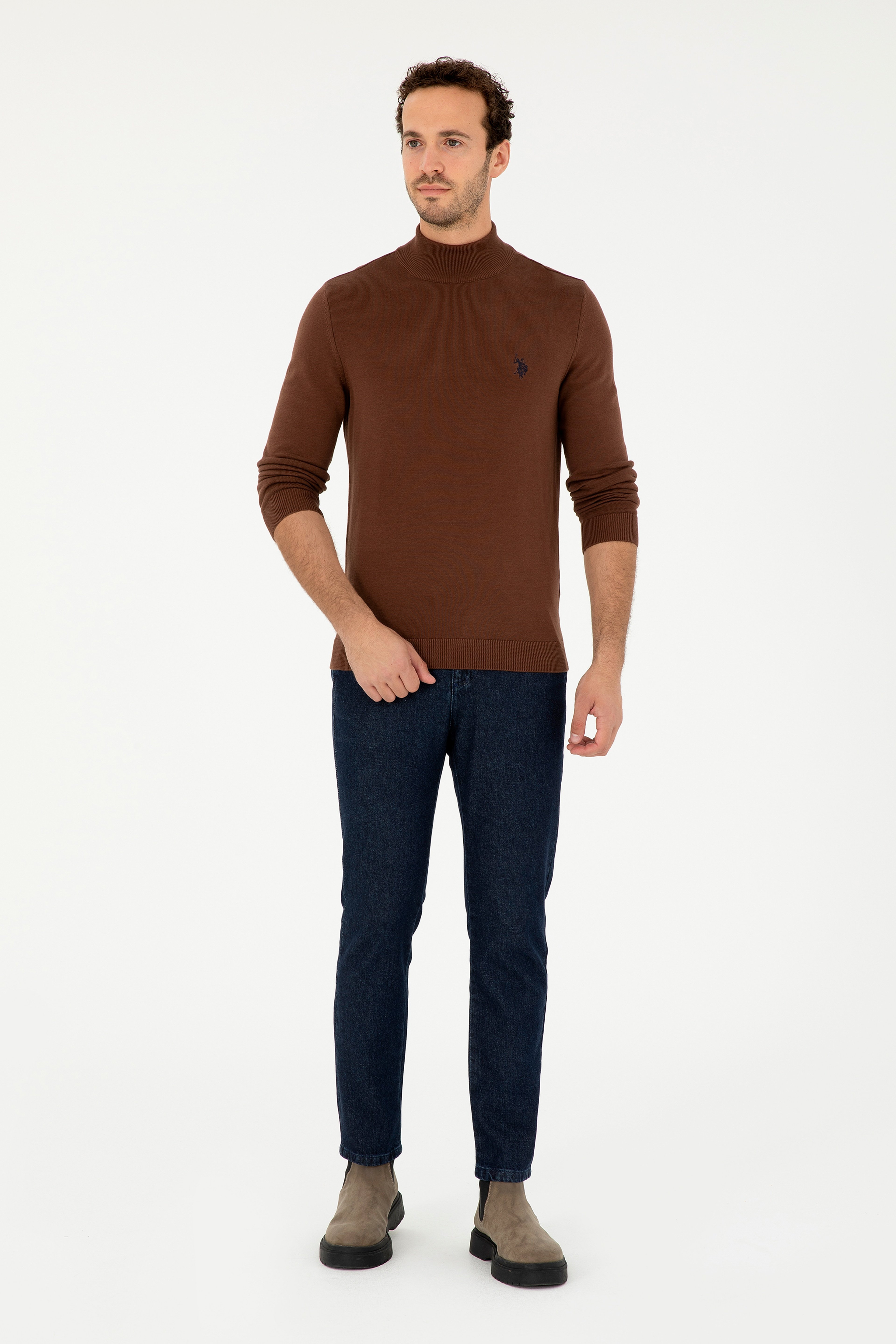 Erkek Slim Fit Yarım Boğazlı Kahverengi Basic Kazak - Image 4