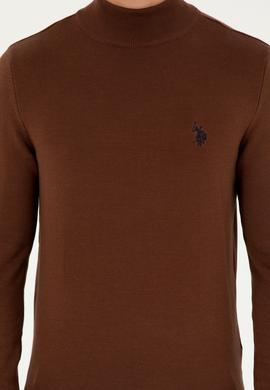 Erkek Slim Fit Yarım Boğazlı Kahverengi Basic Kazak - 50293499098