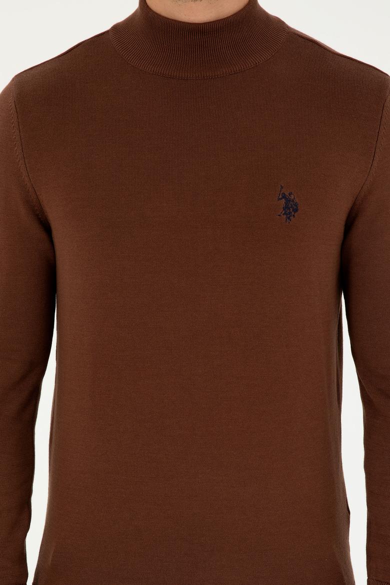 Erkek Slim Fit Yarım Boğazlı Kahverengi Basic Kazak - 50293499098