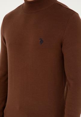 Erkek Slim Fit Yarım Boğazlı Kahverengi Basic Kazak - 50293499098