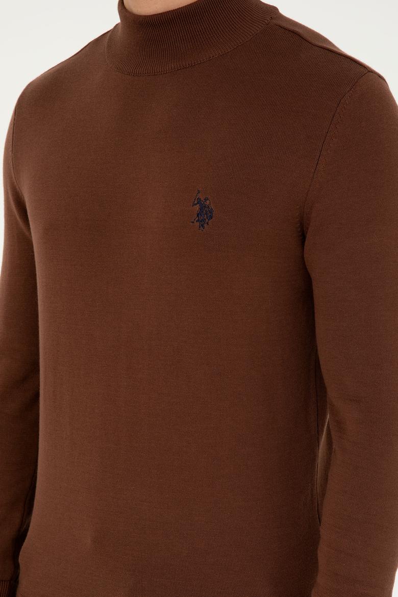 Erkek Slim Fit Yarım Boğazlı Kahverengi Basic Kazak - 50293499098