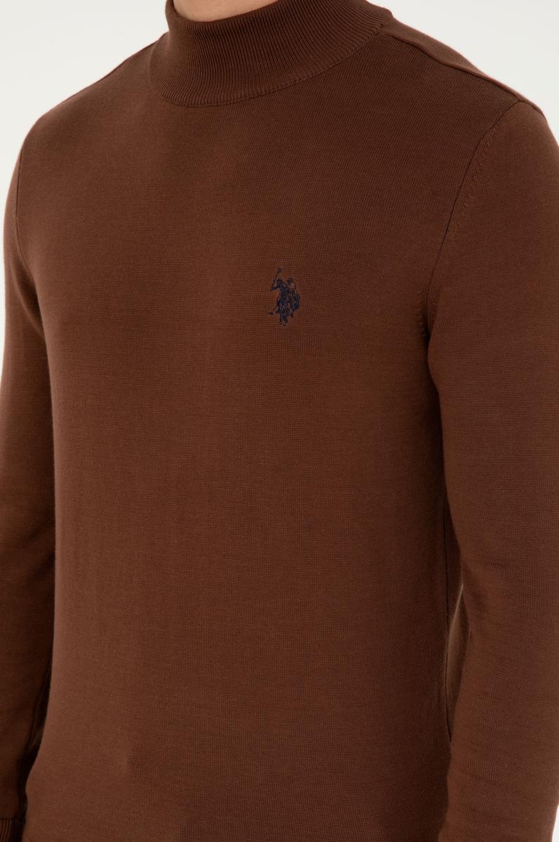 Erkek Slim Fit Yarım Boğazlı Kahverengi Basic Kazak