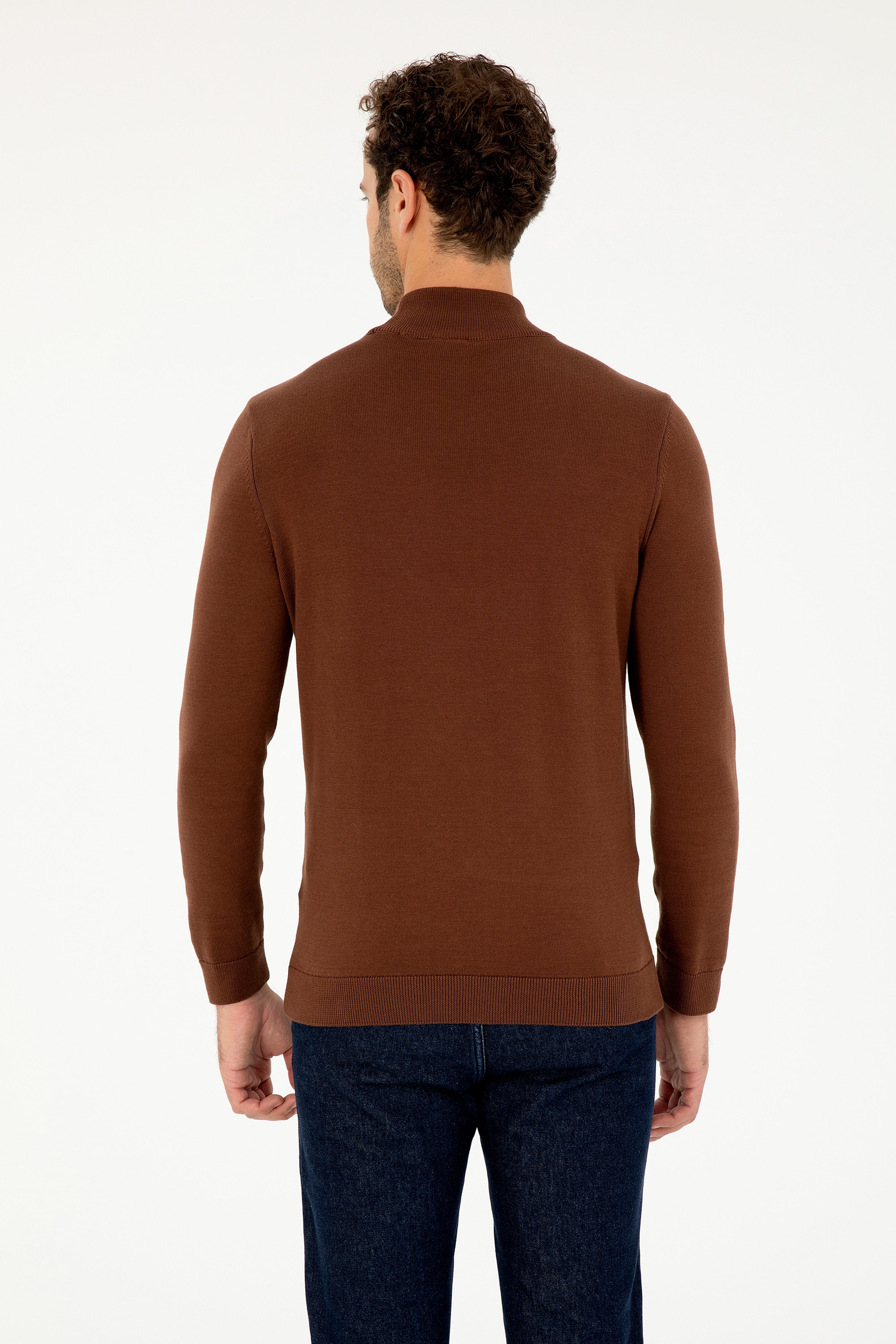 Erkek Slim Fit Yarım Boğazlı Kahverengi Basic Kazak