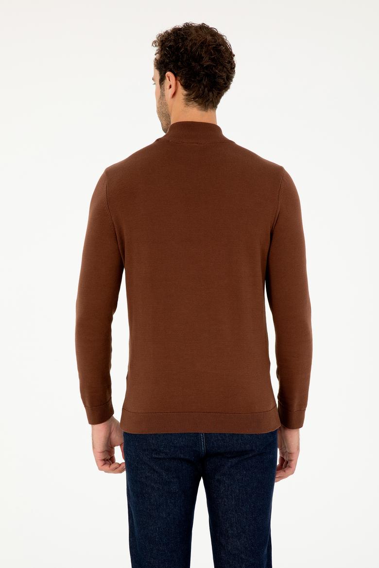 Erkek Slim Fit Yarım Boğazlı Kahverengi Basic Kazak - 50293499098