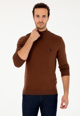 Erkek Slim Fit Yarım Boğazlı Kahverengi Basic Kazak - 50293499098