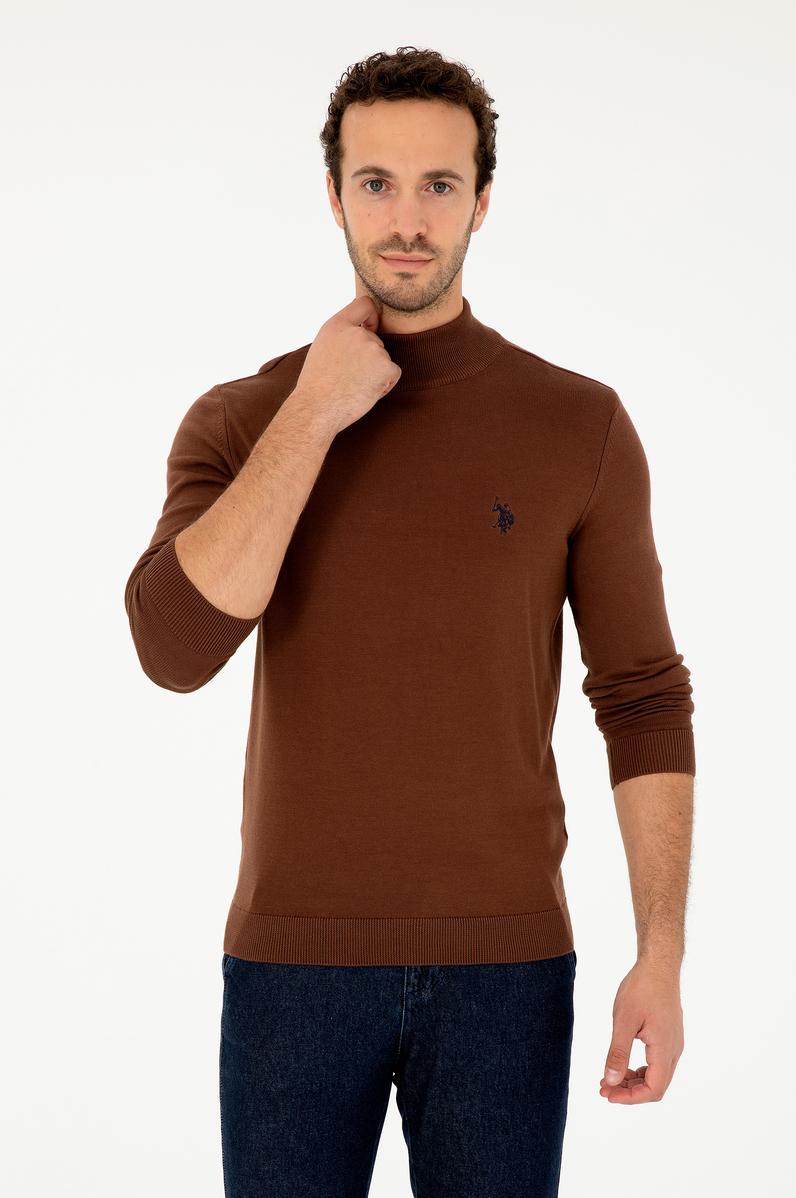 Erkek Slim Fit Yarım Boğazlı Kahverengi Basic Kazak