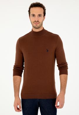 Erkek Slim Fit Yarım Boğazlı Kahverengi Basic Kazak - 50293499098