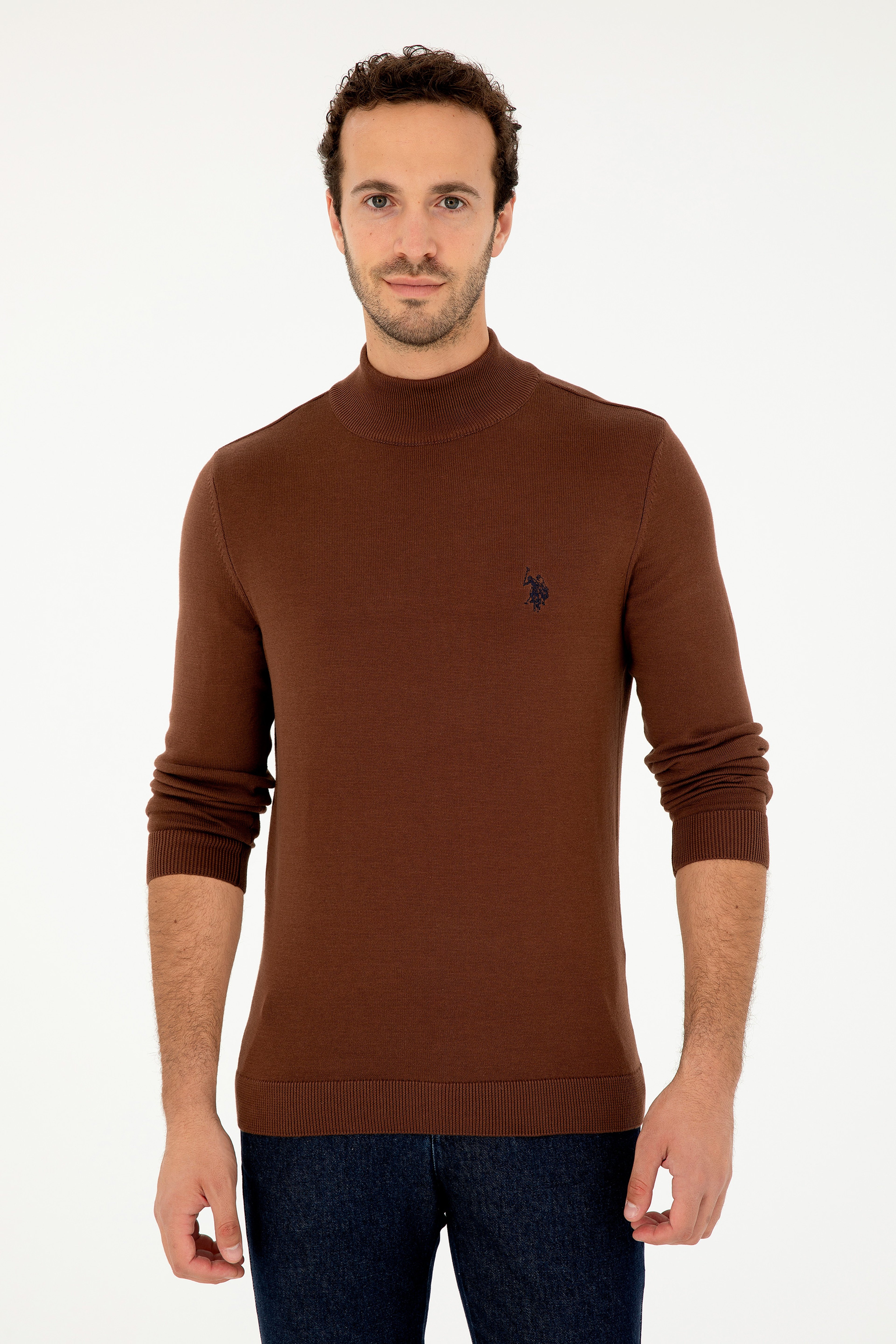 Erkek Slim Fit Yarım Boğazlı Kahverengi Basic Kazak