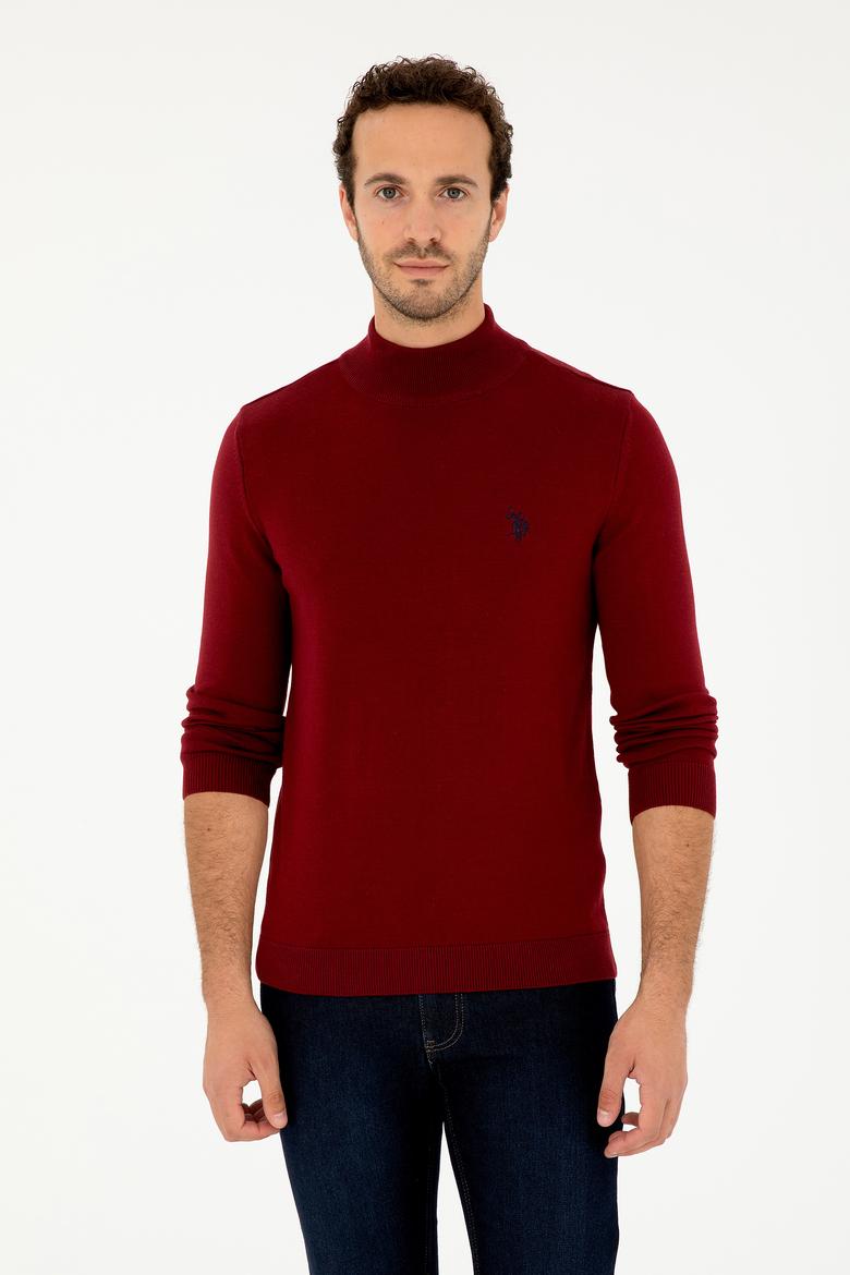 Erkek Slim Fit Yarım Boğazlı Bordo Basic Kazak