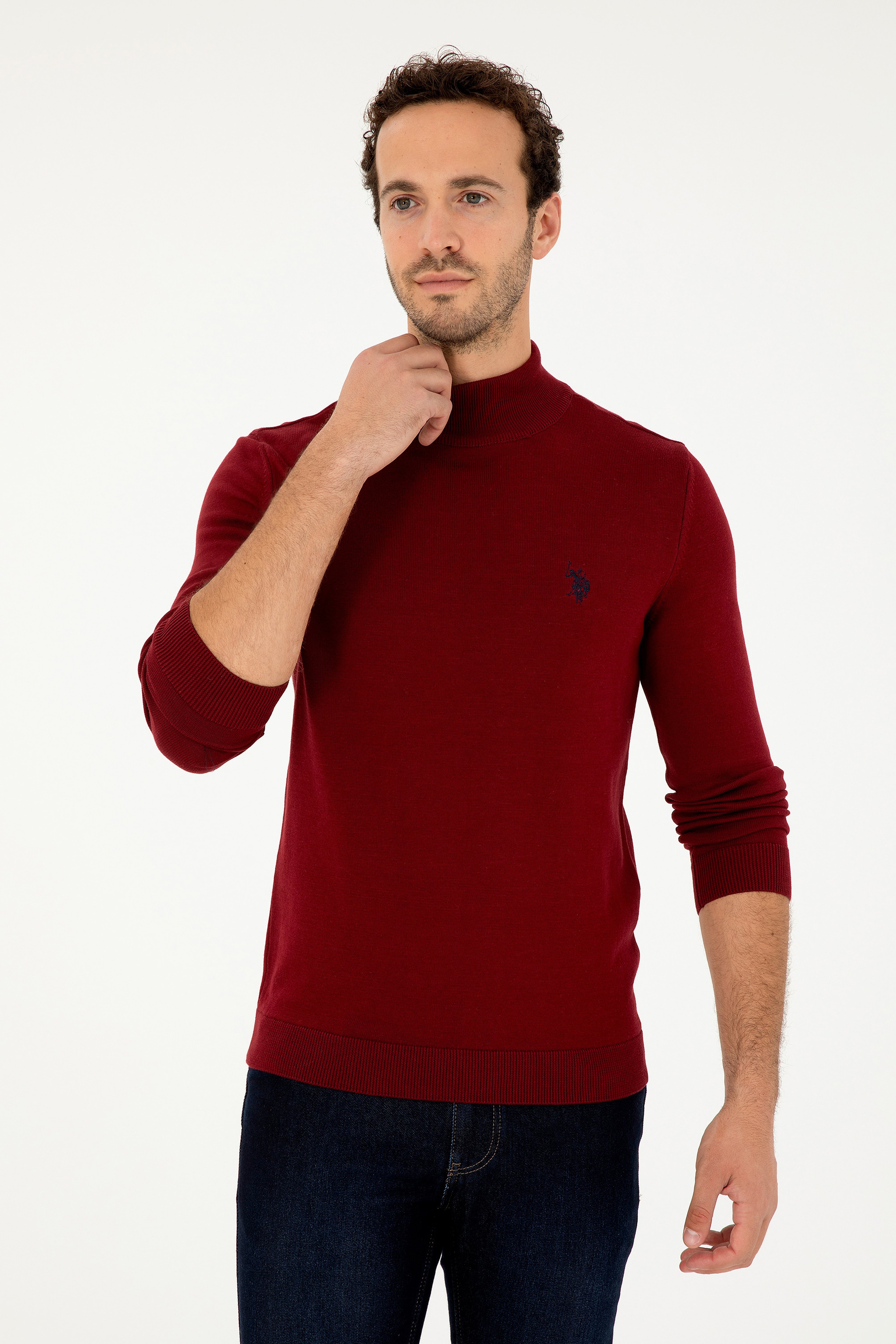 Erkek Slim Fit Yarım Boğazlı Bordo Basic Kazak