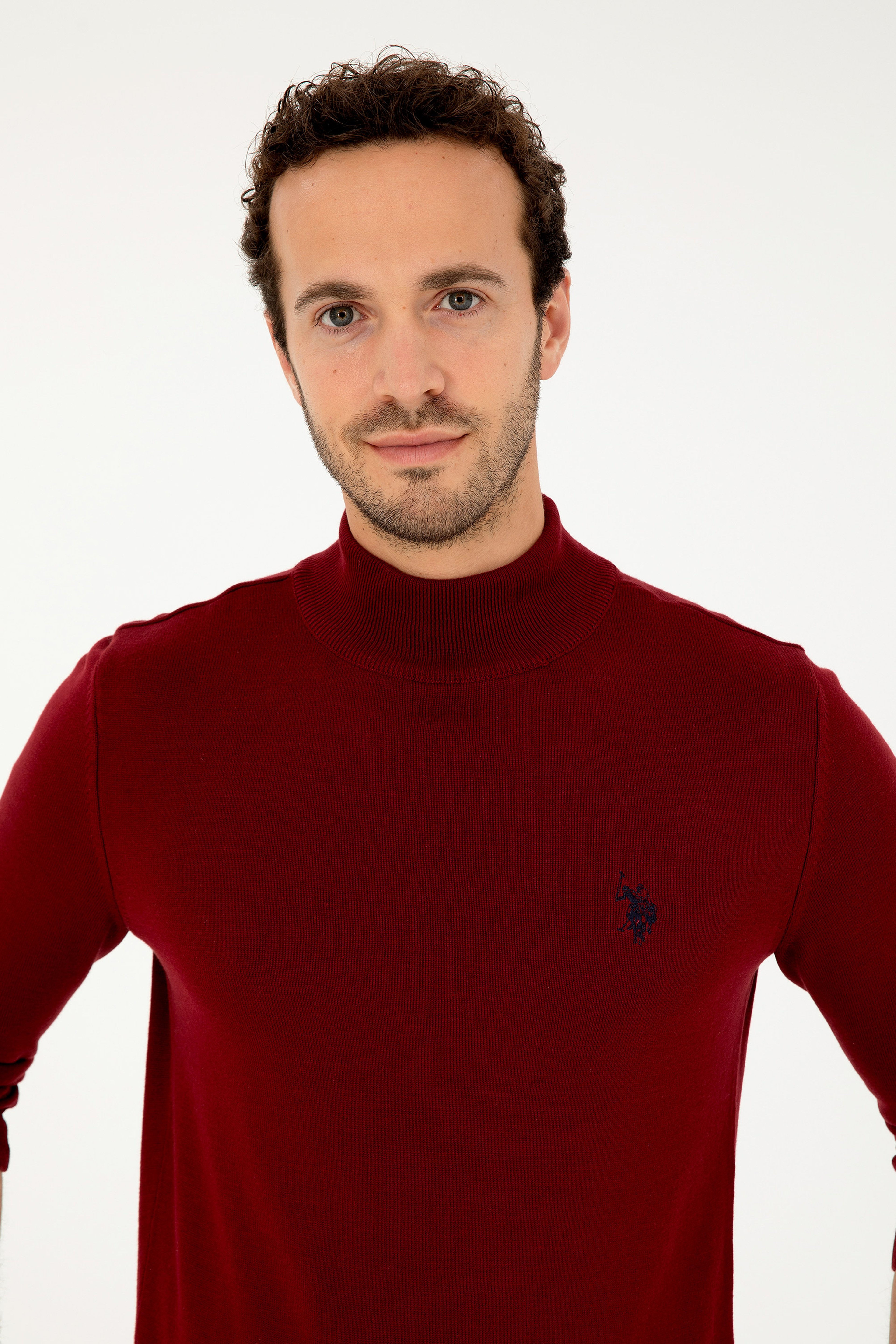 Erkek Slim Fit Yarım Boğazlı Bordo Basic Kazak - Image 2