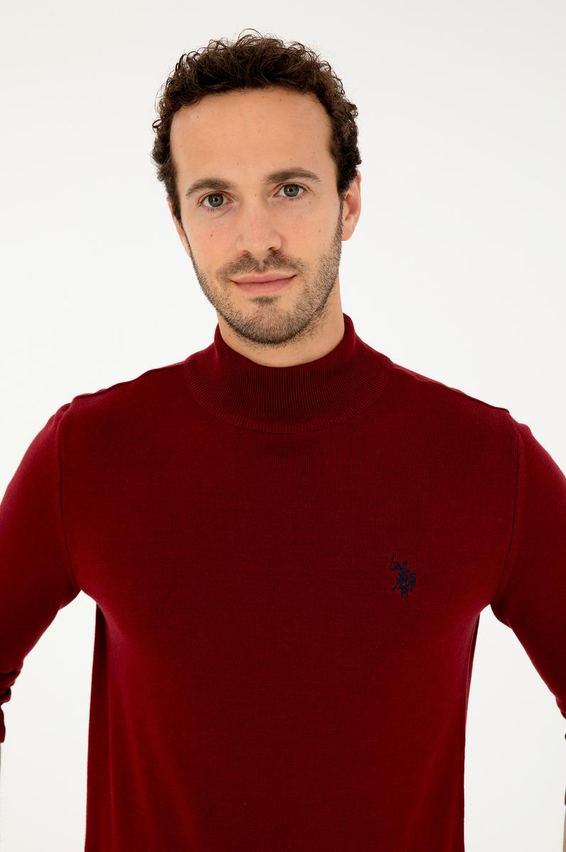 Erkek Slim Fit Yarım Boğazlı Bordo Basic Kazak