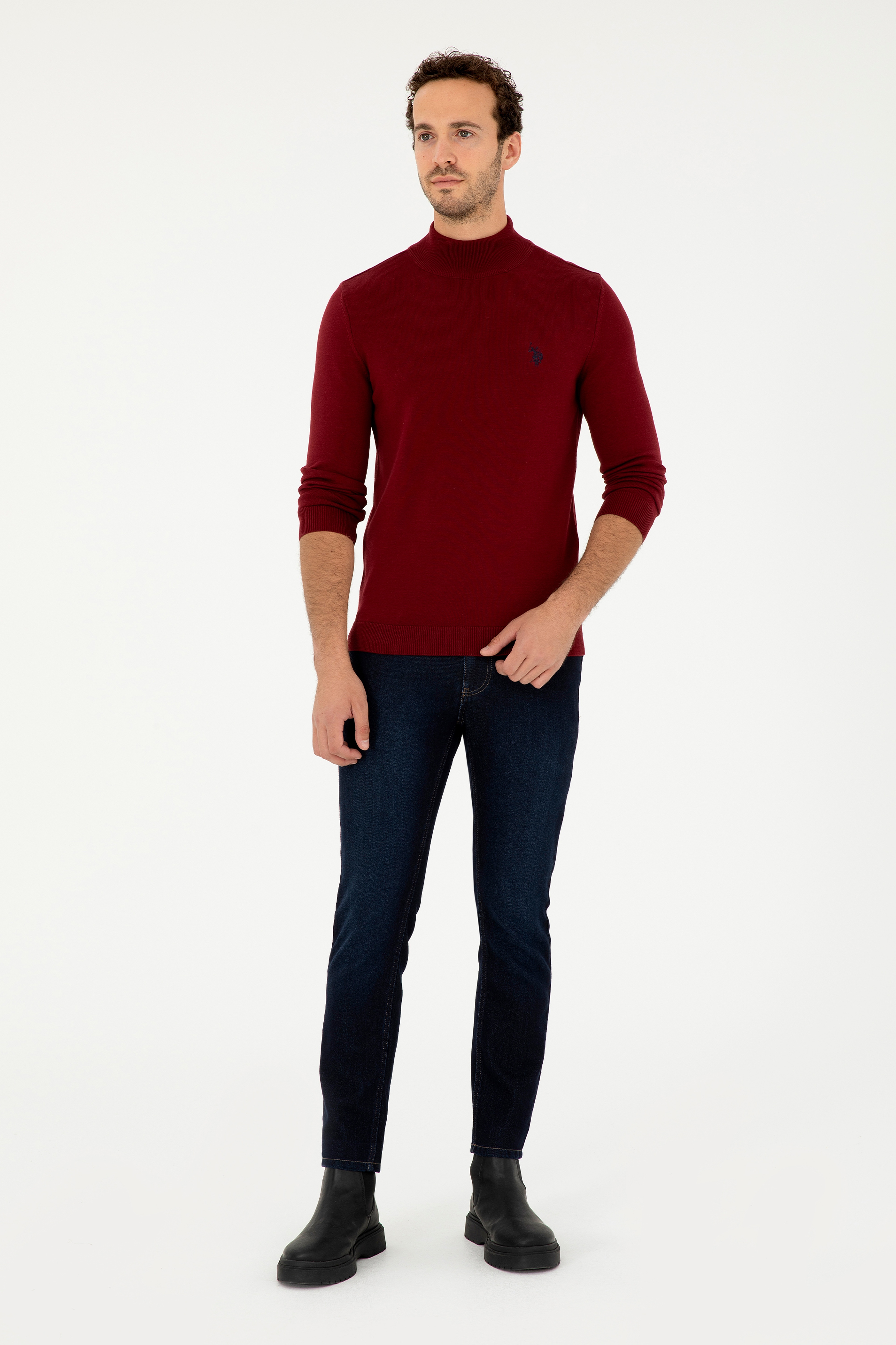 Erkek Slim Fit Yarım Boğazlı Bordo Basic Kazak - Image 4