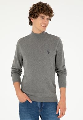 Erkek Slim Fit Yarım Boğazlı Gri Melanj Basic Kazak - 50293499064