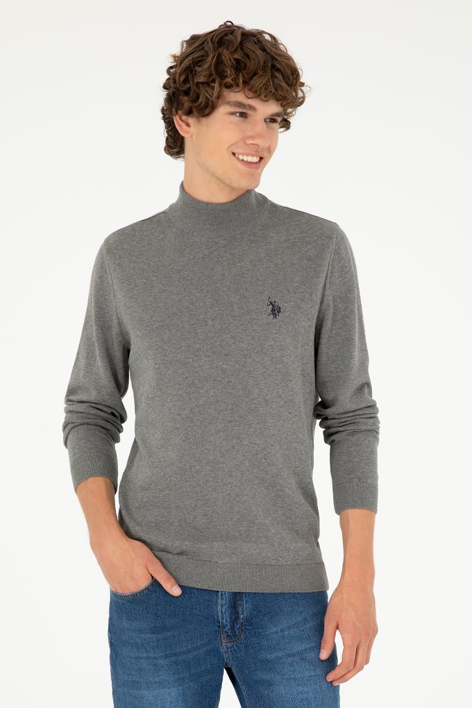 Erkek Slim Fit Yarım Boğazlı Gri Melanj Basic Kazak