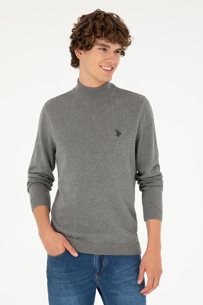 Erkek Slim Fit Yarım Boğazlı Gri Melanj Basic Kazak