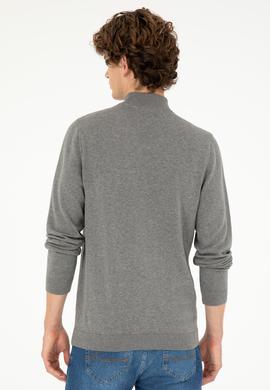 Erkek Slim Fit Yarım Boğazlı Gri Melanj Basic Kazak - 50293499064