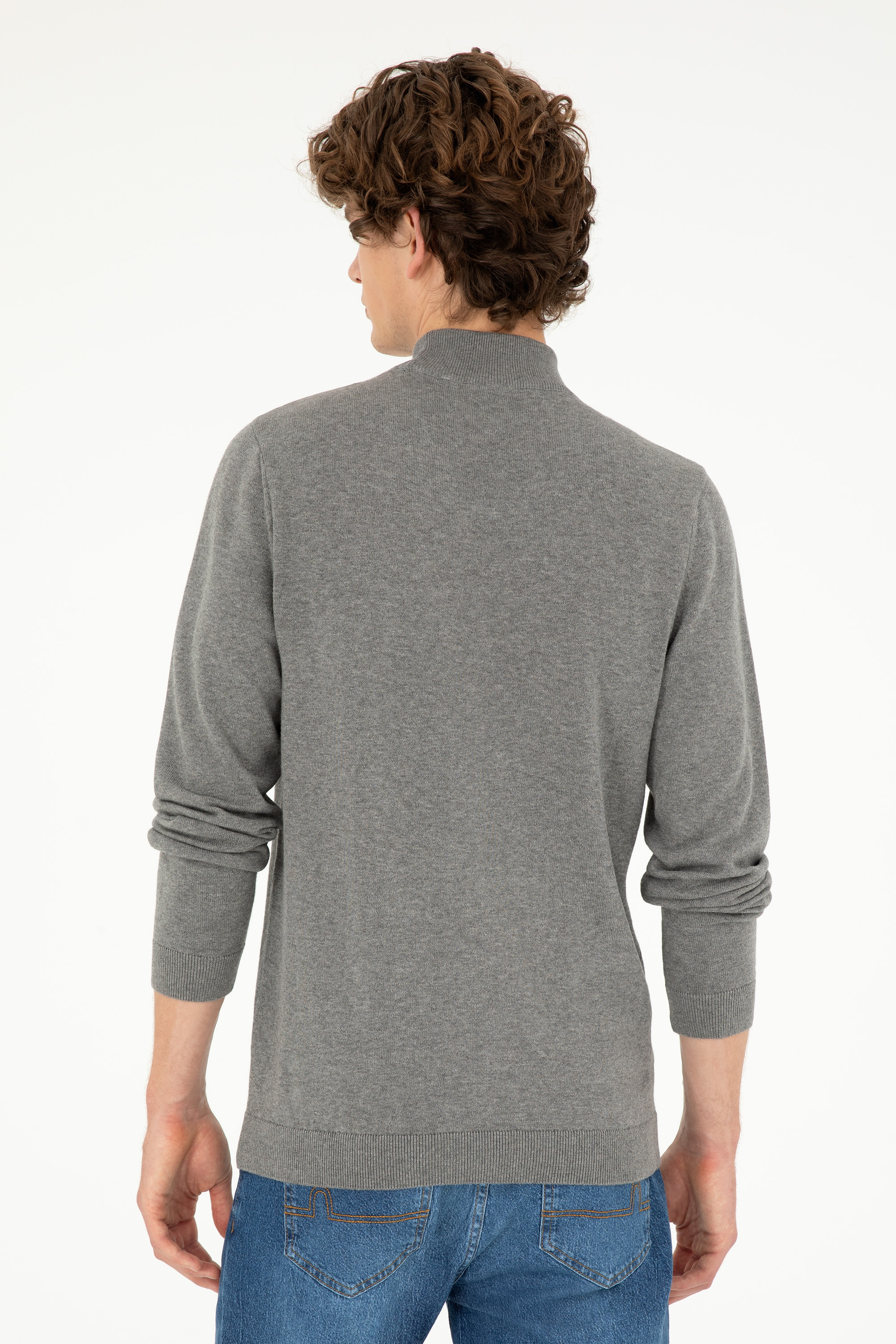 Erkek Slim Fit Yarım Boğazlı Gri Melanj Basic Kazak - Image 5