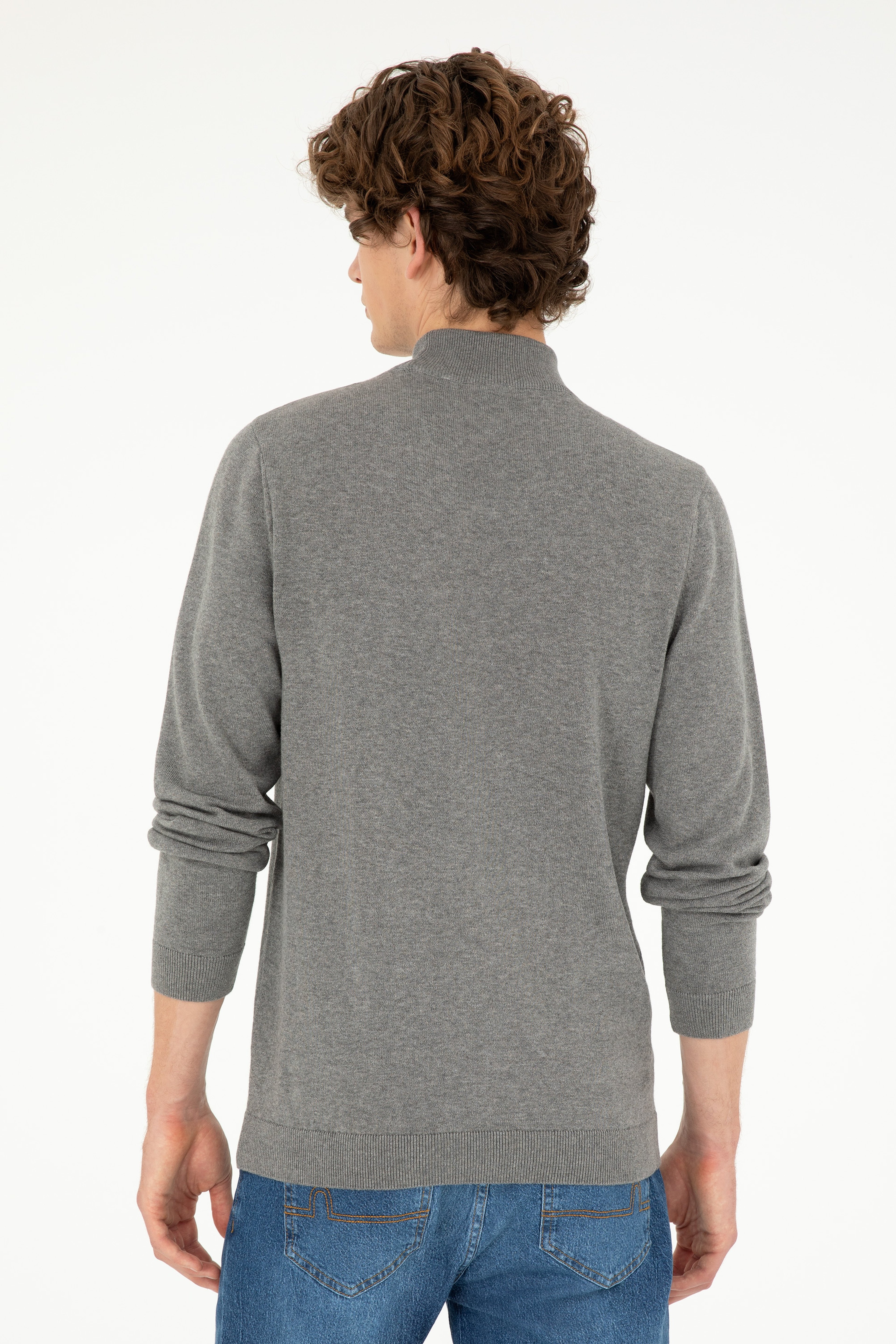 Erkek Slim Fit Yarım Boğazlı Gri Melanj Basic Kazak