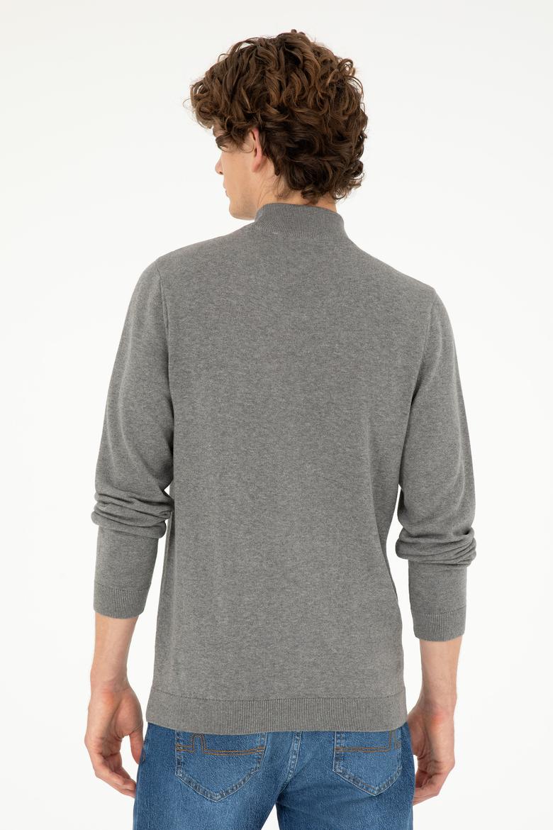 Erkek Slim Fit Yarım Boğazlı Gri Melanj Basic Kazak - 50293499064