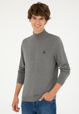 Erkek Slim Fit Yarım Boğazlı Gri Melanj Basic Kazak - 50293499064