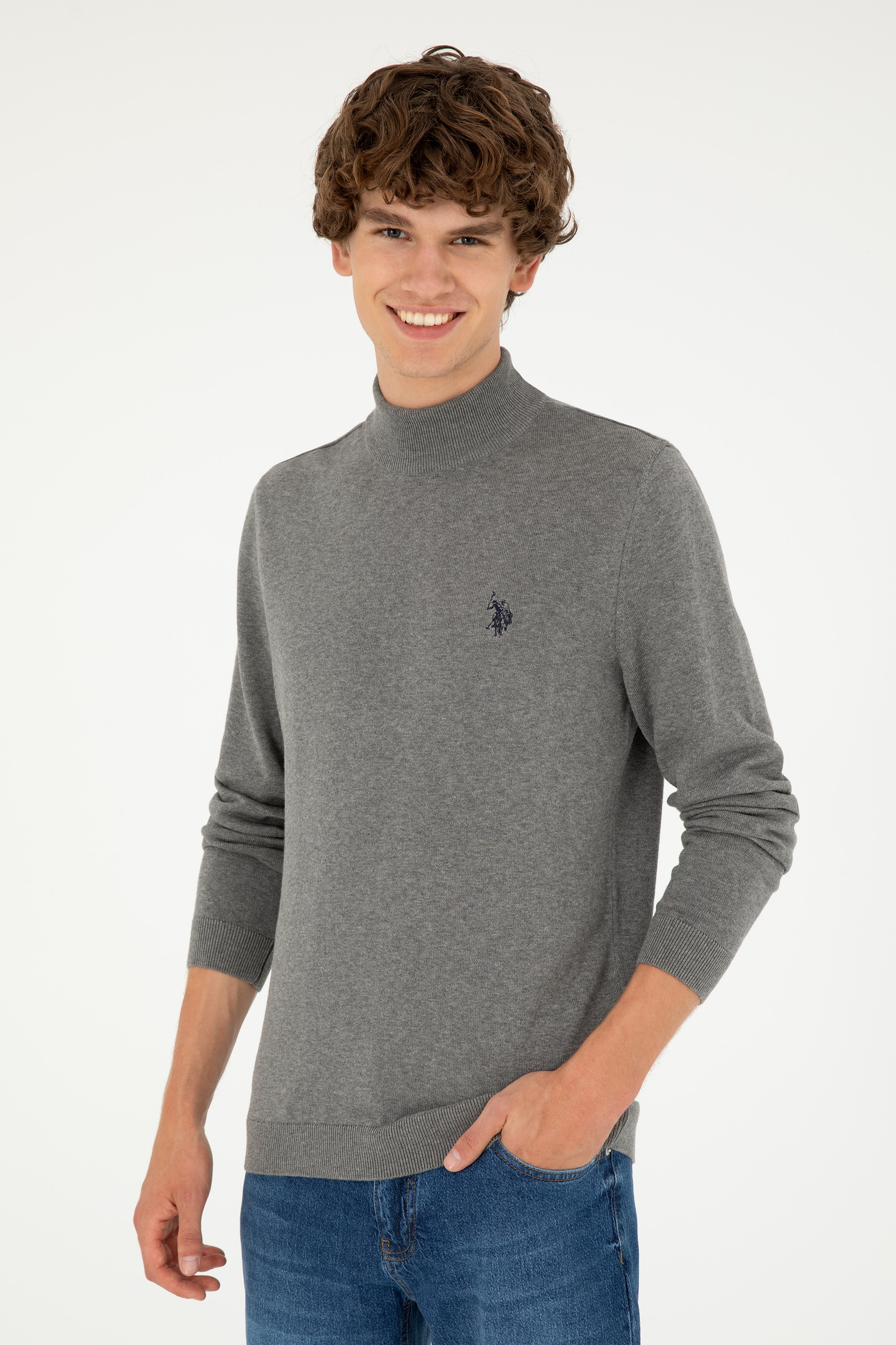 Erkek Slim Fit Yarım Boğazlı Gri Melanj Basic Kazak - Image 3