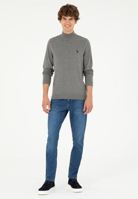 Erkek Slim Fit Yarım Boğazlı Gri Melanj Basic Kazak - 50293499064
