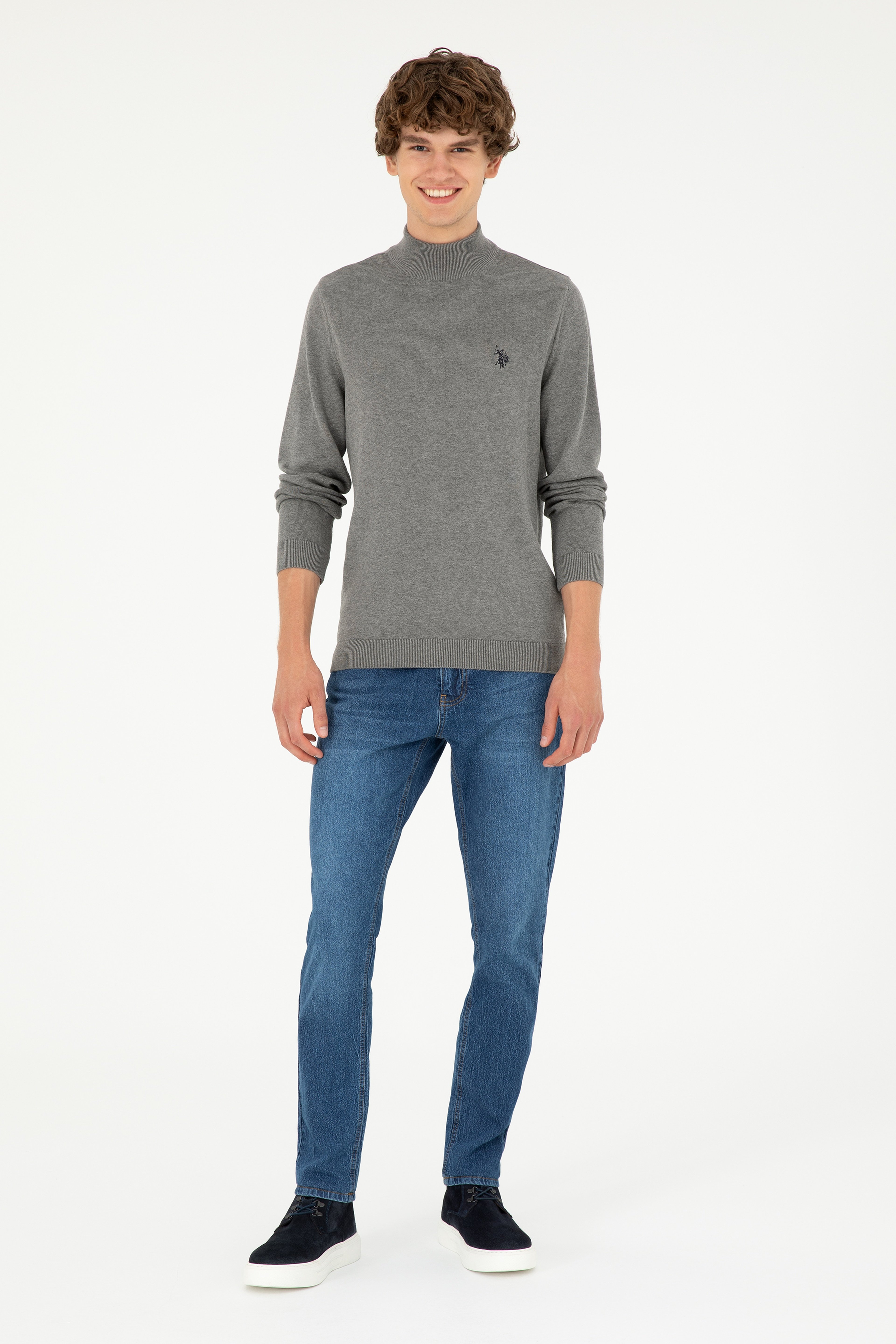 Erkek Slim Fit Yarım Boğazlı Gri Melanj Basic Kazak