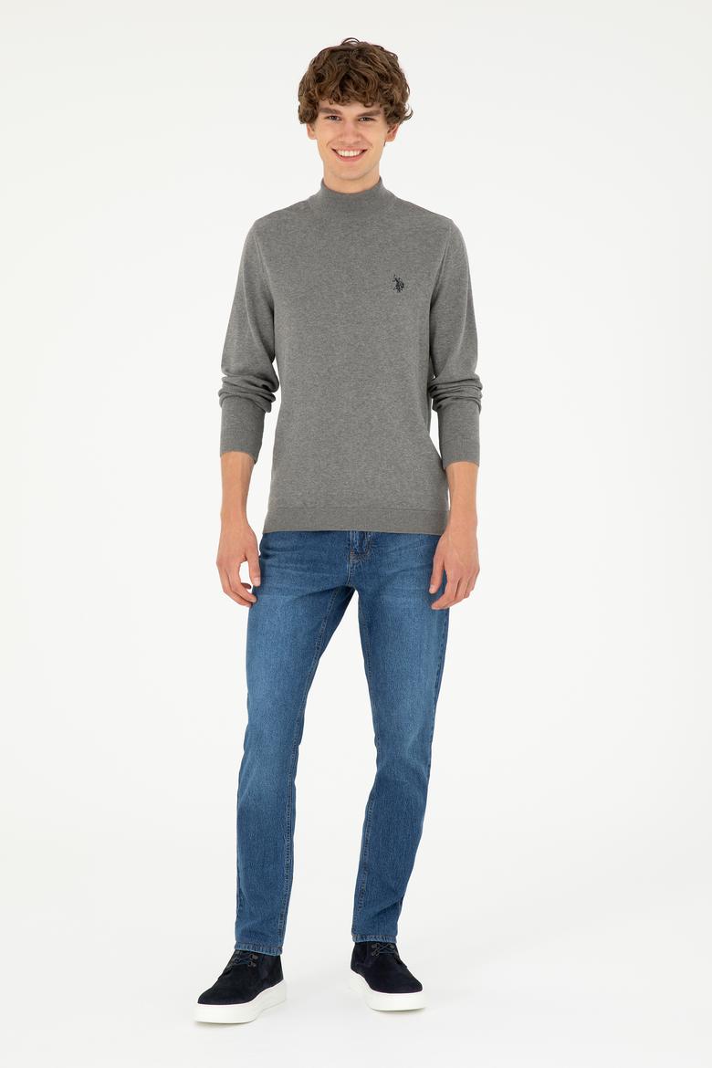 Erkek Slim Fit Yarım Boğazlı Gri Melanj Basic Kazak - 50293499064