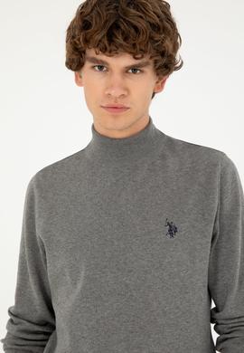 Erkek Slim Fit Yarım Boğazlı Gri Melanj Basic Kazak - 50293499064