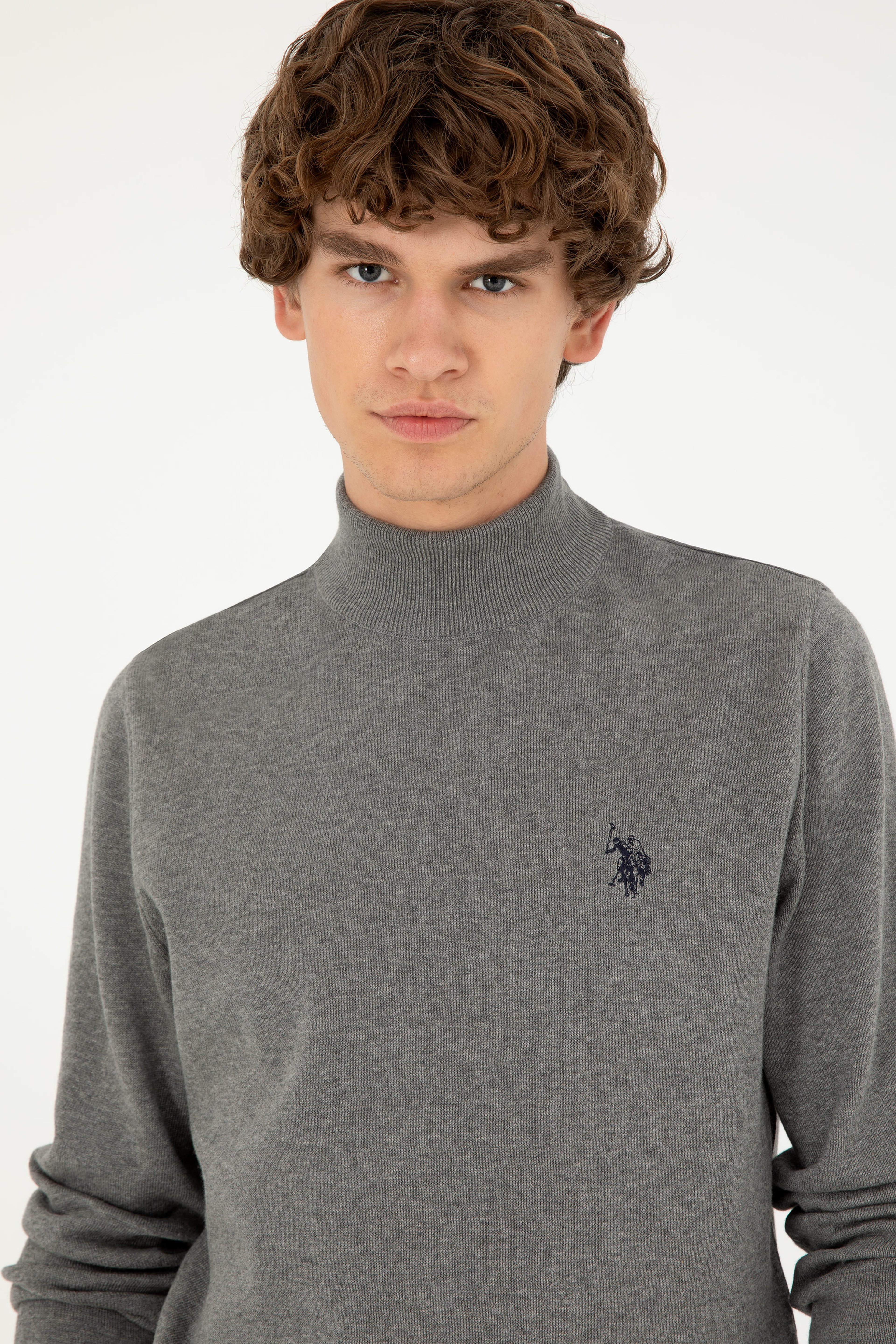 Erkek Slim Fit Yarım Boğazlı Gri Melanj Basic Kazak - Image 2