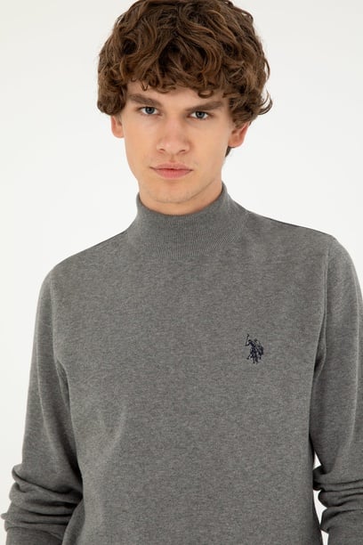 Erkek Slim Fit Yarım Boğazlı Gri Melanj Basic Kazak
