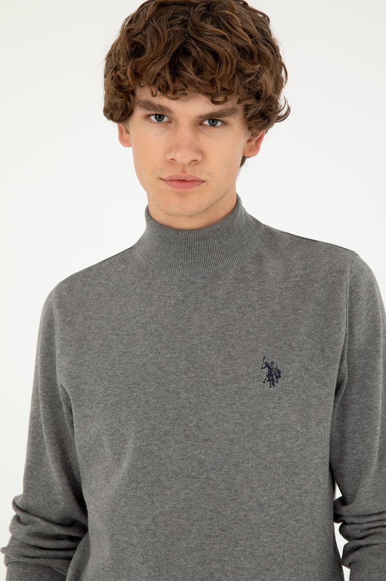 Erkek Slim Fit Yarım Boğazlı Gri Melanj Basic Kazak