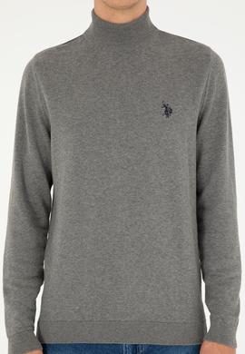 Erkek Slim Fit Yarım Boğazlı Gri Melanj Basic Kazak - 50293499064