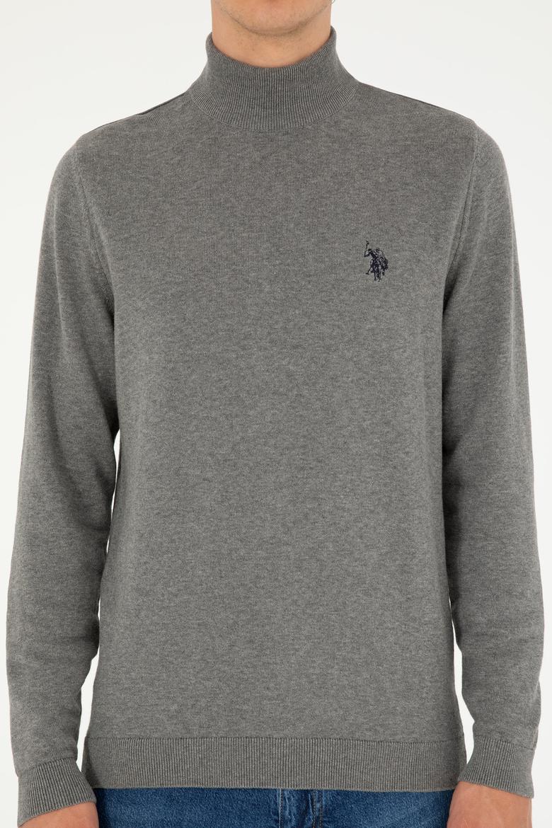 Erkek Slim Fit Yarım Boğazlı Gri Melanj Basic Kazak - 50293499064