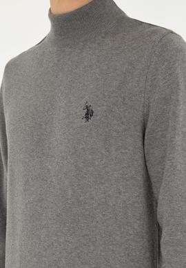 Erkek Slim Fit Yarım Boğazlı Gri Melanj Basic Kazak - 50293499064