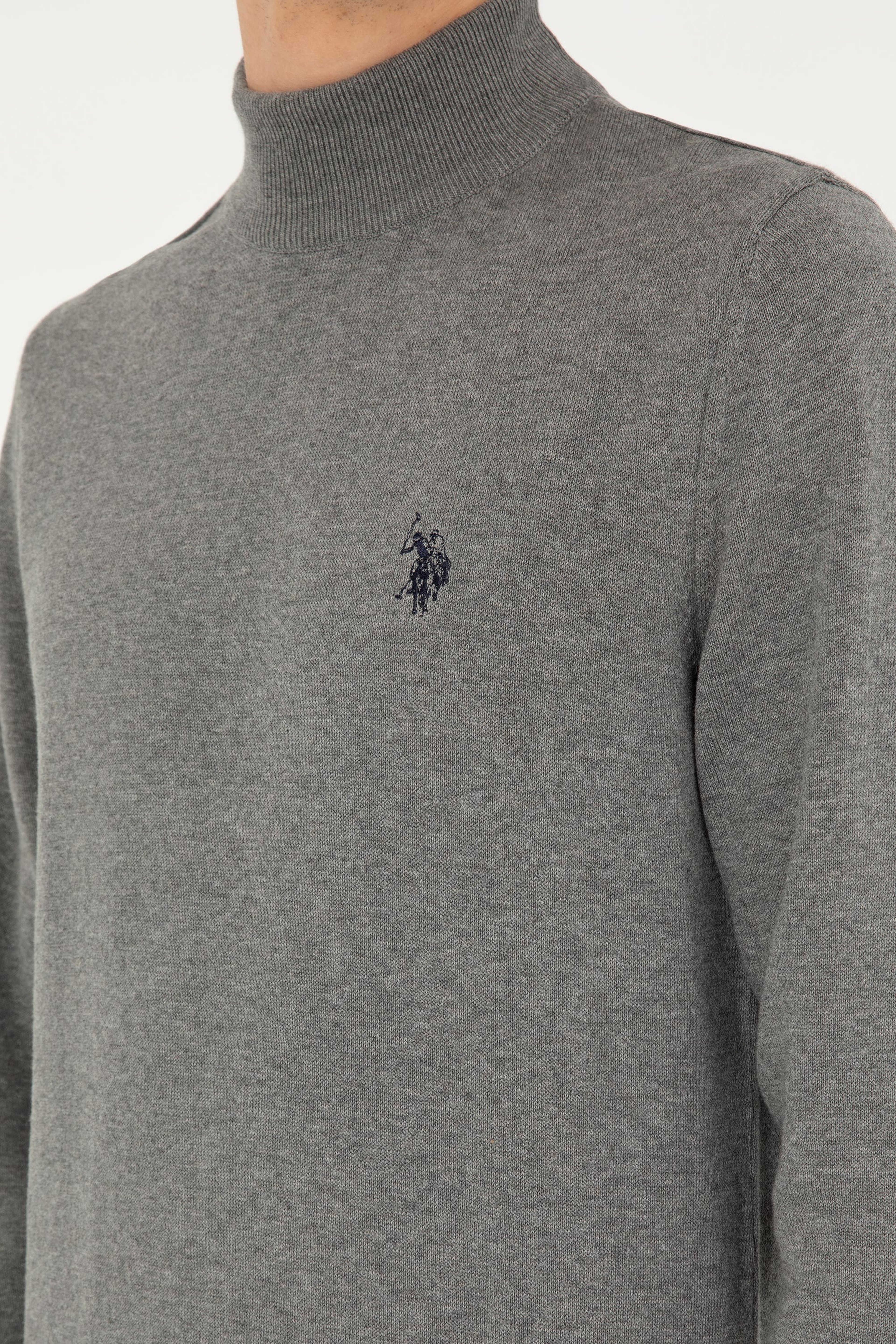 Erkek Slim Fit Yarım Boğazlı Gri Melanj Basic Kazak - Image 7