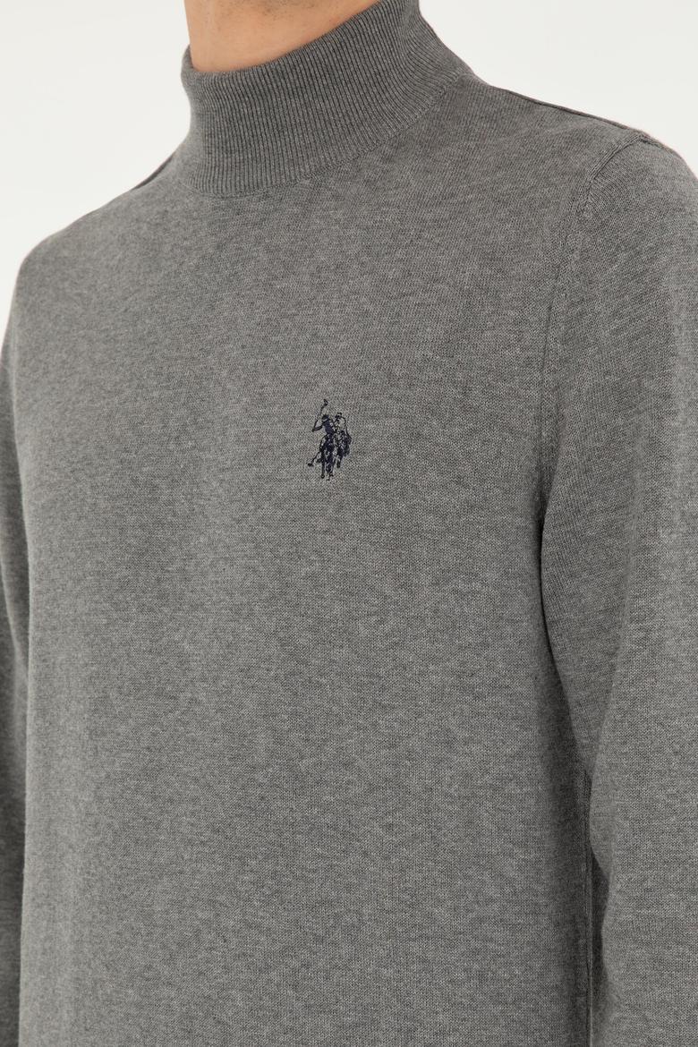 Erkek Slim Fit Yarım Boğazlı Gri Melanj Basic Kazak - 50293499064