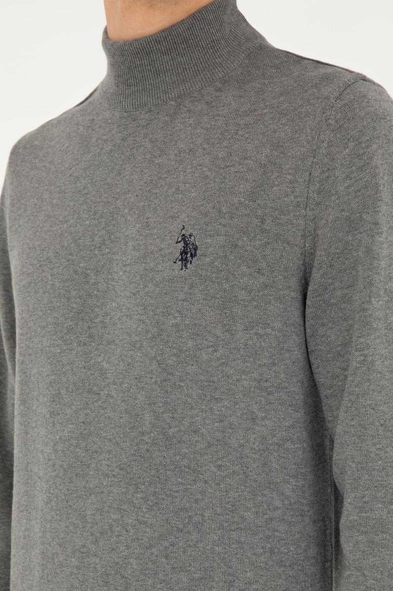 Erkek Slim Fit Yarım Boğazlı Gri Melanj Basic Kazak