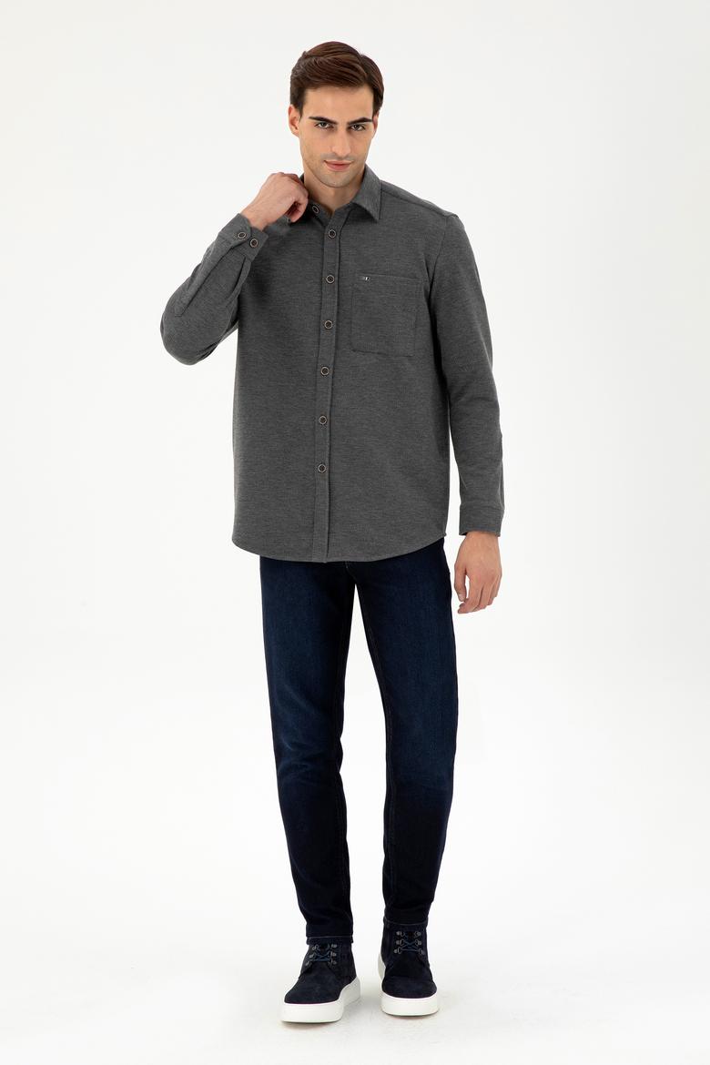 Erkek Açık Gri Comfort Fit Cepli Örme Gömlek - 50306264008